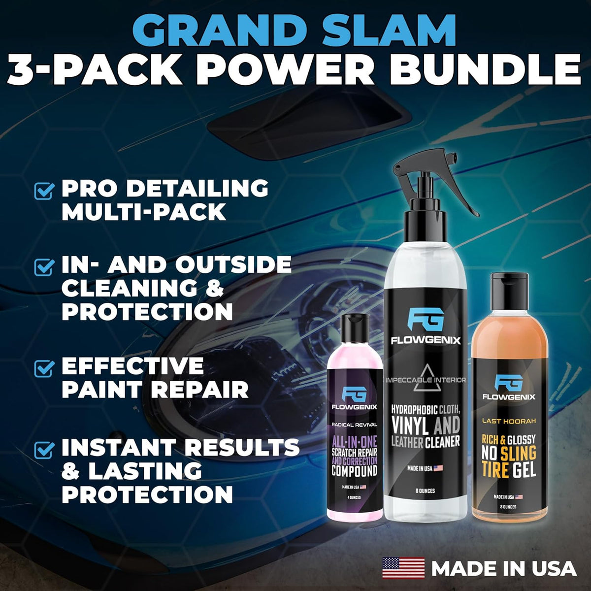 Grand Slam 3-Pack - Includes Tire Shine Gel (8oz), Car Scratch Remover (4oz), Water-Repellent Vinyl and Car Leather Protector (8oz), 2 Microfiber Towels