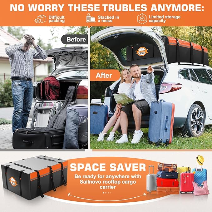 Sailnovo Rooftop Cargo Carrier 20 Cubic PVC Car Roof Cargo Carrier Waterproof Soft-Shell Includes Anti-Slip Mat, 6 Door Hooks, Car Top Carrier for Top of Vehicle with/Without Roof Rack Cross Bar