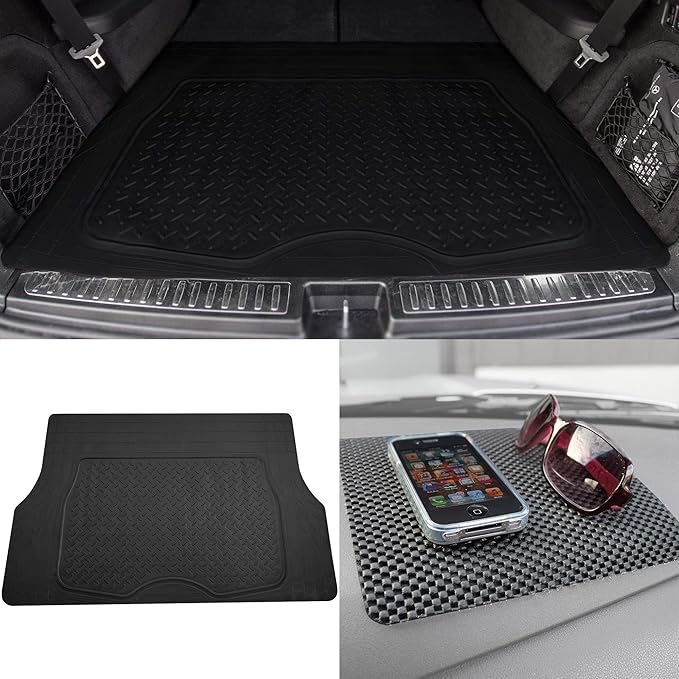 TLH Premium Trimmable Black Cargo Mat Car Trunk Liner Universal Fit Set w/Black Dash Pad, Trimmable Automotive Floor Mats, Climaproofâ„¢ Floor Mats for Most Sedan, Cars, SUV, Truck Floor Mats.