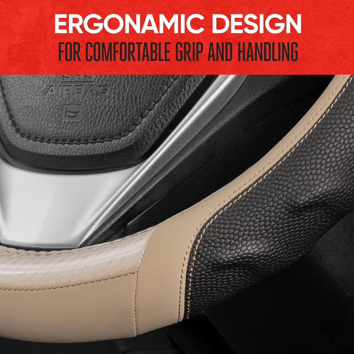 Motor Trend UltraSport Beige Carbon Fiber Steering Wheel Cover, Standard 15 inch Size, Black Faux Leather Comfort Grip, Car Steering Wheel Cover for Auto Truck Van SUV