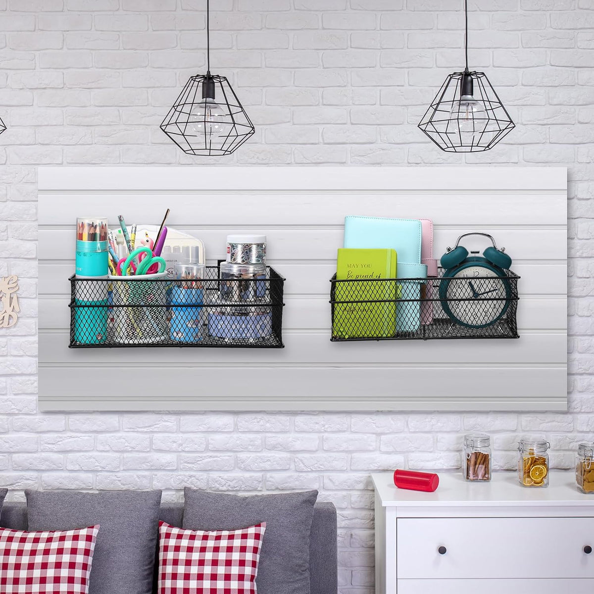 Barydat 4 Pcs Slatwall Basket Set Ventilated Metal Slatwall Basket Hanging Wire Bins Wall Mounted Accessories for Panel Garage Storage Display Organizing(Big Size,Black)
