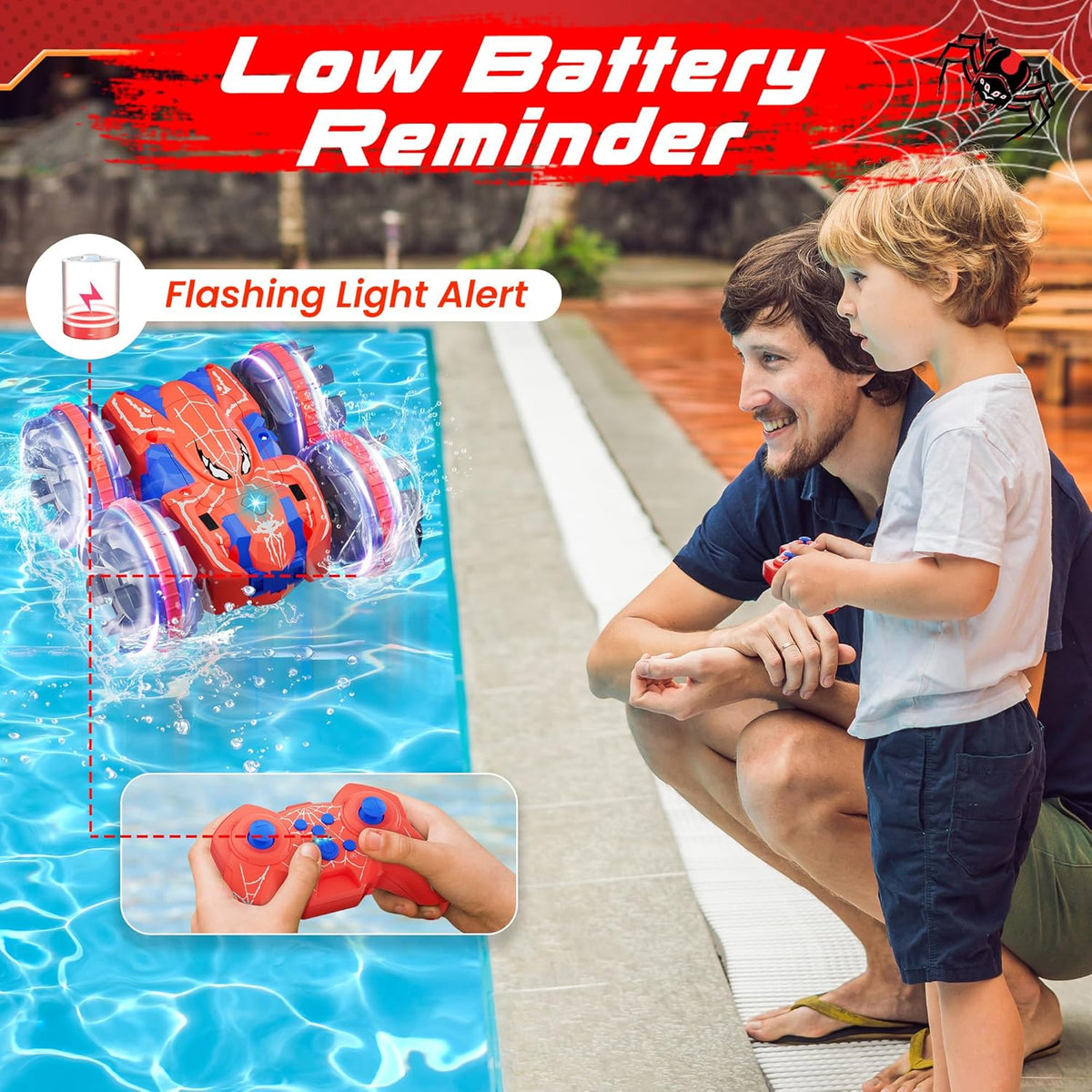 ZIZZ Amphibious Remote Control Car: 4WD Waterproof RC Car 2.4 GHz Remote Control Boat for Kid, Spider Double Sided 360° Rotating RC Stunt with LED Light, Boy Girl Gift All Terrain Water Beach Pool Toy