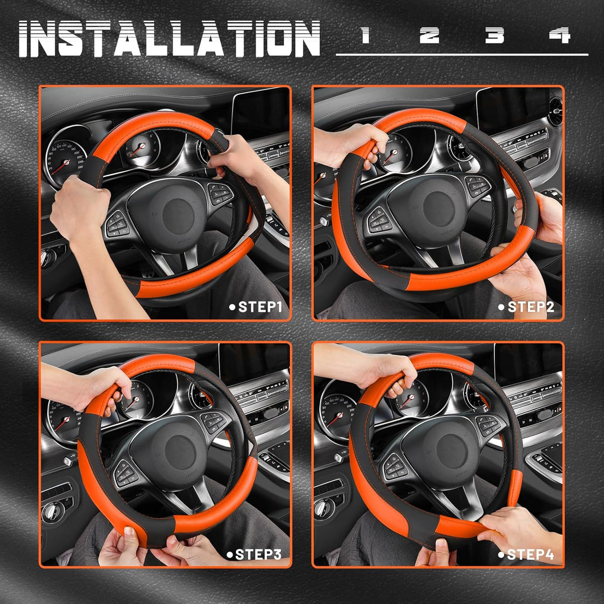 SEG Direct Steering Wheel Cover for Car, Standard Size 14.5-15 inch, Auto Interior Accessories, Black and Orange