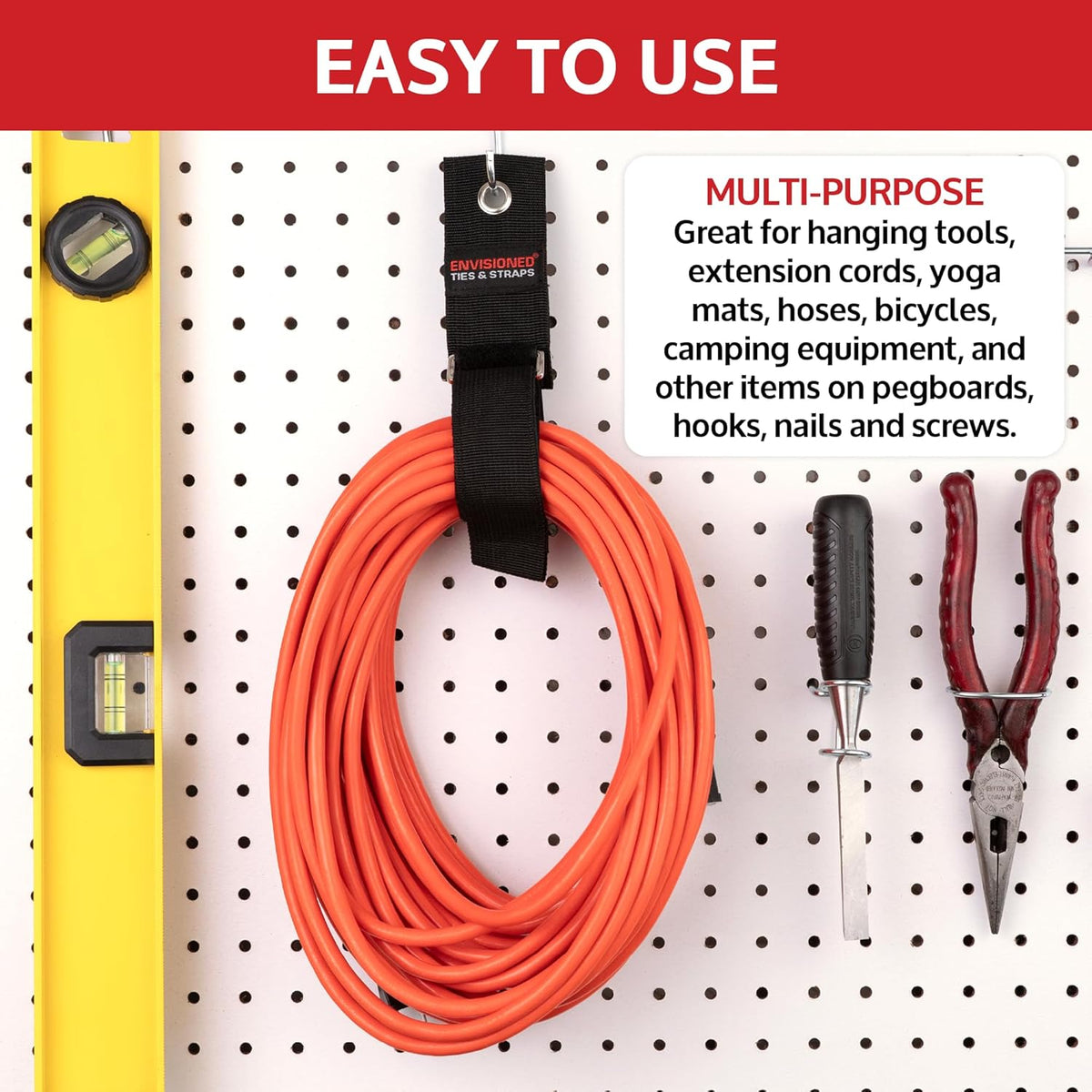 Heavy Duty Hanging Storage Cinch Straps with Metal Buckle (4 Pack, 1.5" x 15") - Electrical Extension Cord & Garden Hose Holder, Cable Management, Storage Organizer in Garage, Workshop - ENVISIONED
