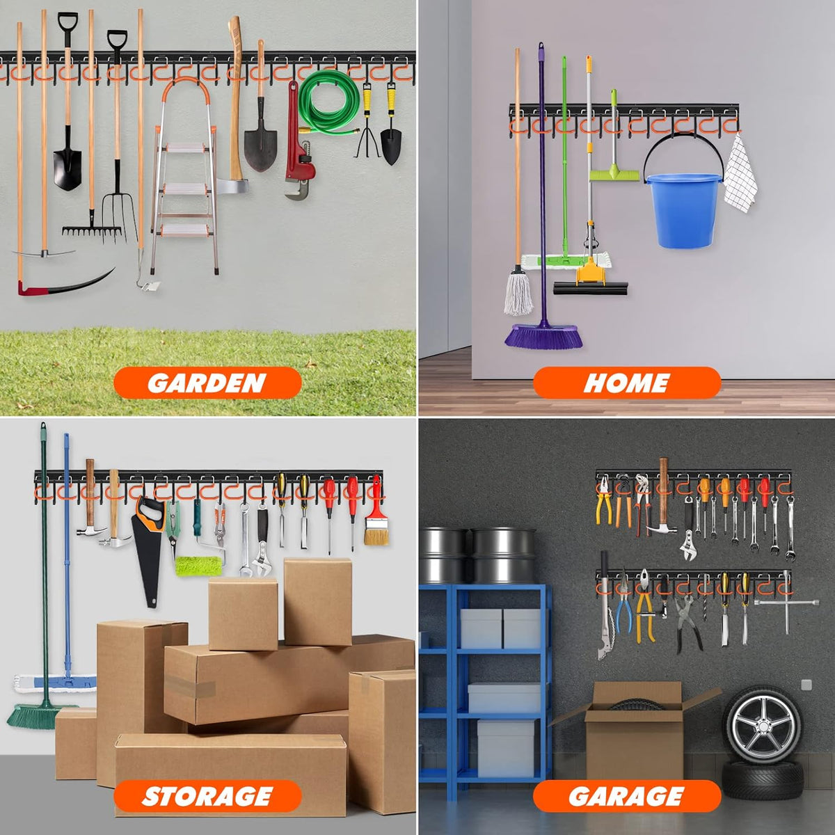 17'' All Metal Garden Tool Organizer Adjustable Garage Tool Organizer Wall Mount Garage Organizers and Storage with Heavy Duty Hooks Tool Hangers for Garage Wall, Shed, Garden