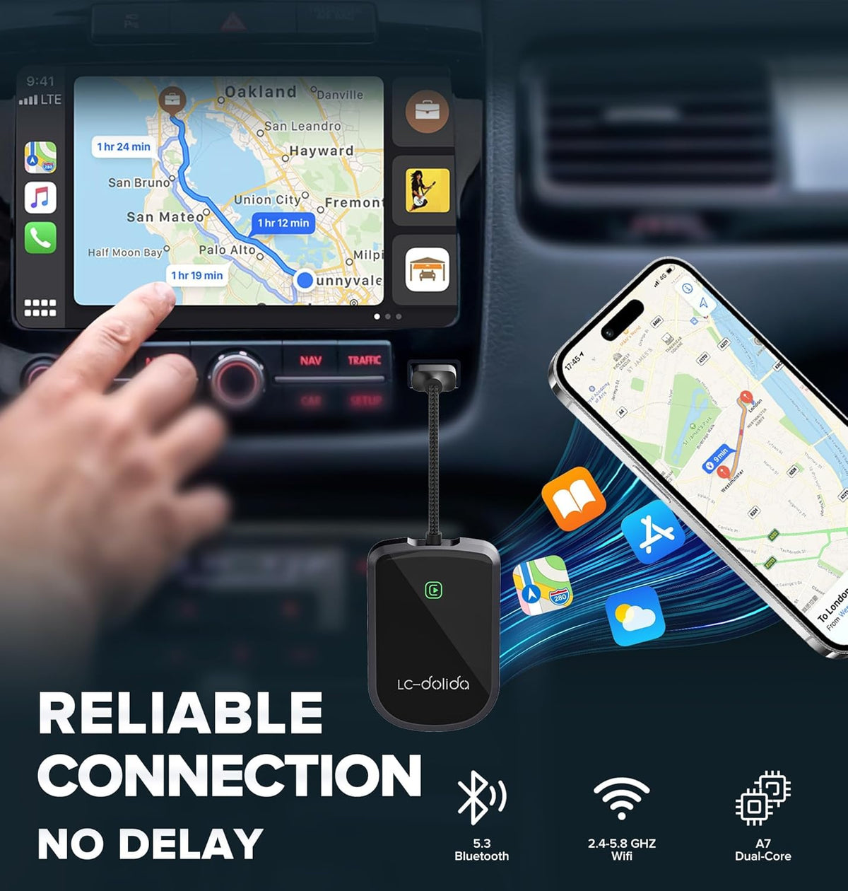 LC-dolida Wireless CarPlay Adapter for Apple -Convert Wired to Wireless Adapter Dongle Cars, Plug and Play for iOS 10+&Cars 2017