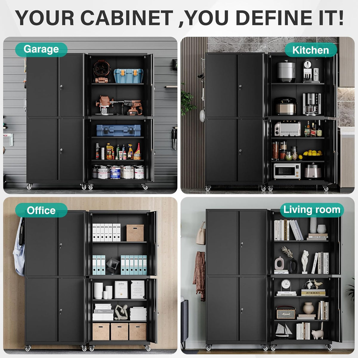 SISESOL Metal Storage Cabinet with Wheels,73" Rolling Garage Storage Cabinet with Lock,Black Metal Cabinets with Shelves and 4 Doors,Tall Tool Cabinets on Wheels for Garage,Home,Office,Shop