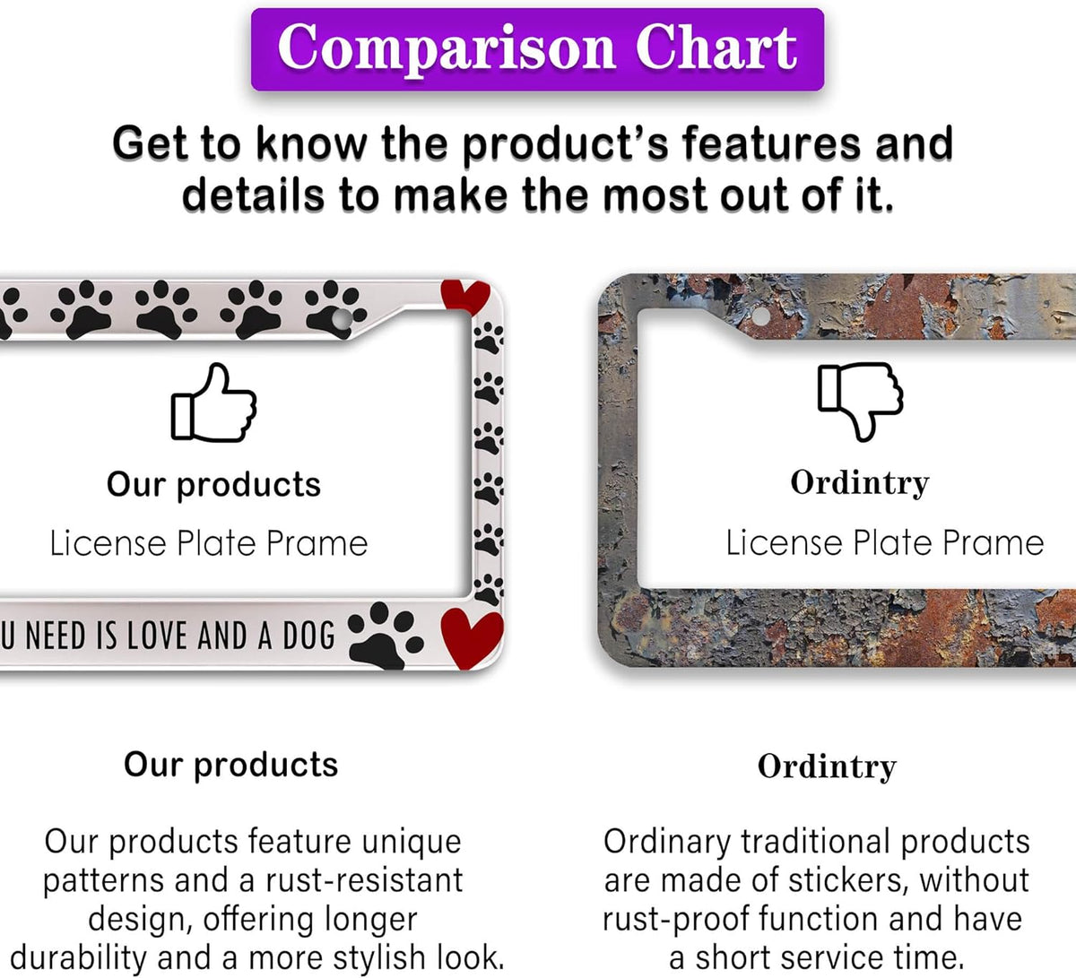 License Plate Frames Black, White, and Red License Plate Frame All You Need is Love and a Dog Universal Aluminum Car Accessory 2 Pack with Screw Covers Set