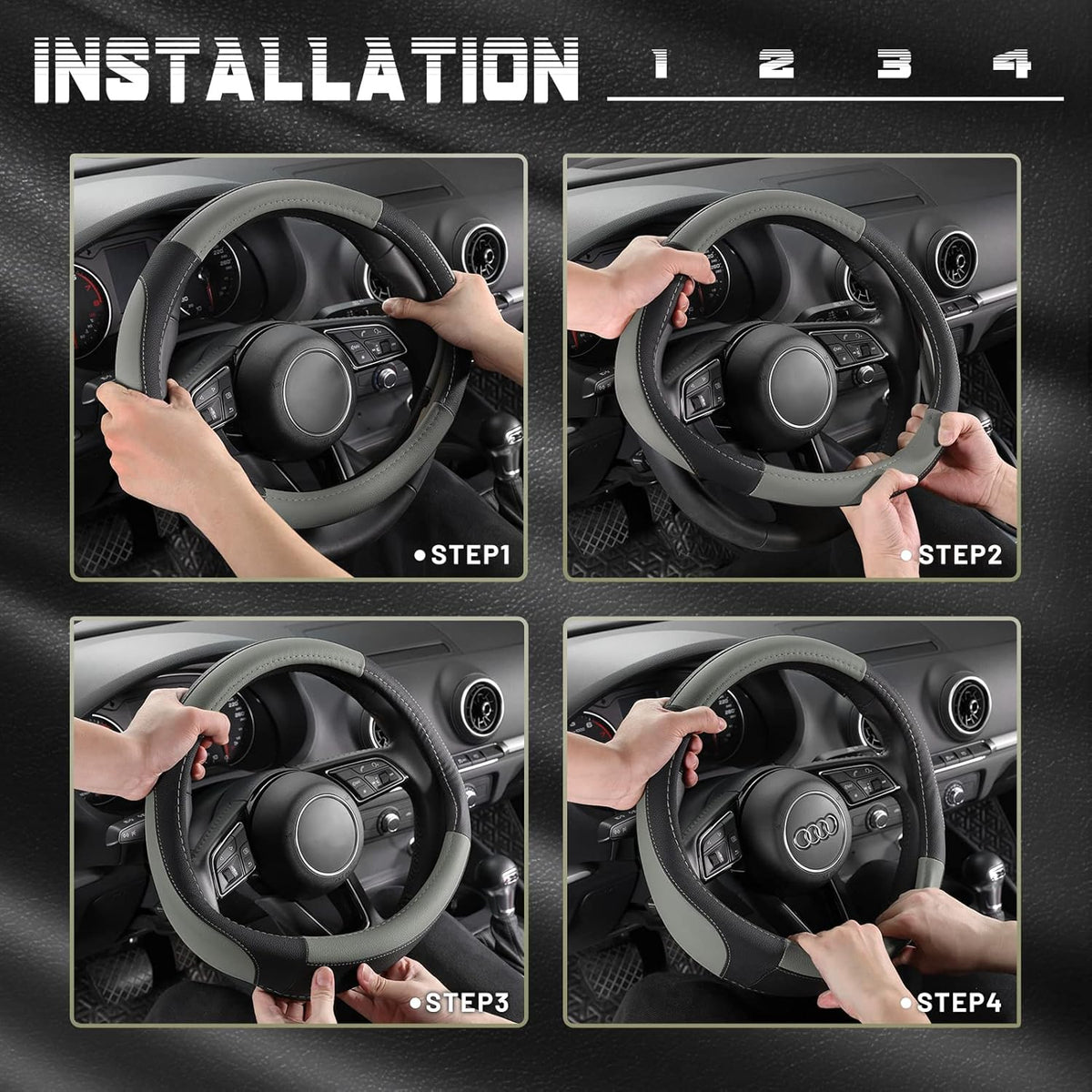 SEG Direct Car Steering Wheel Cover for Prius Civic Model 3 Model Y Camaro, Small Size 14-14.25 inch, Black and Gray Microfiber Leather