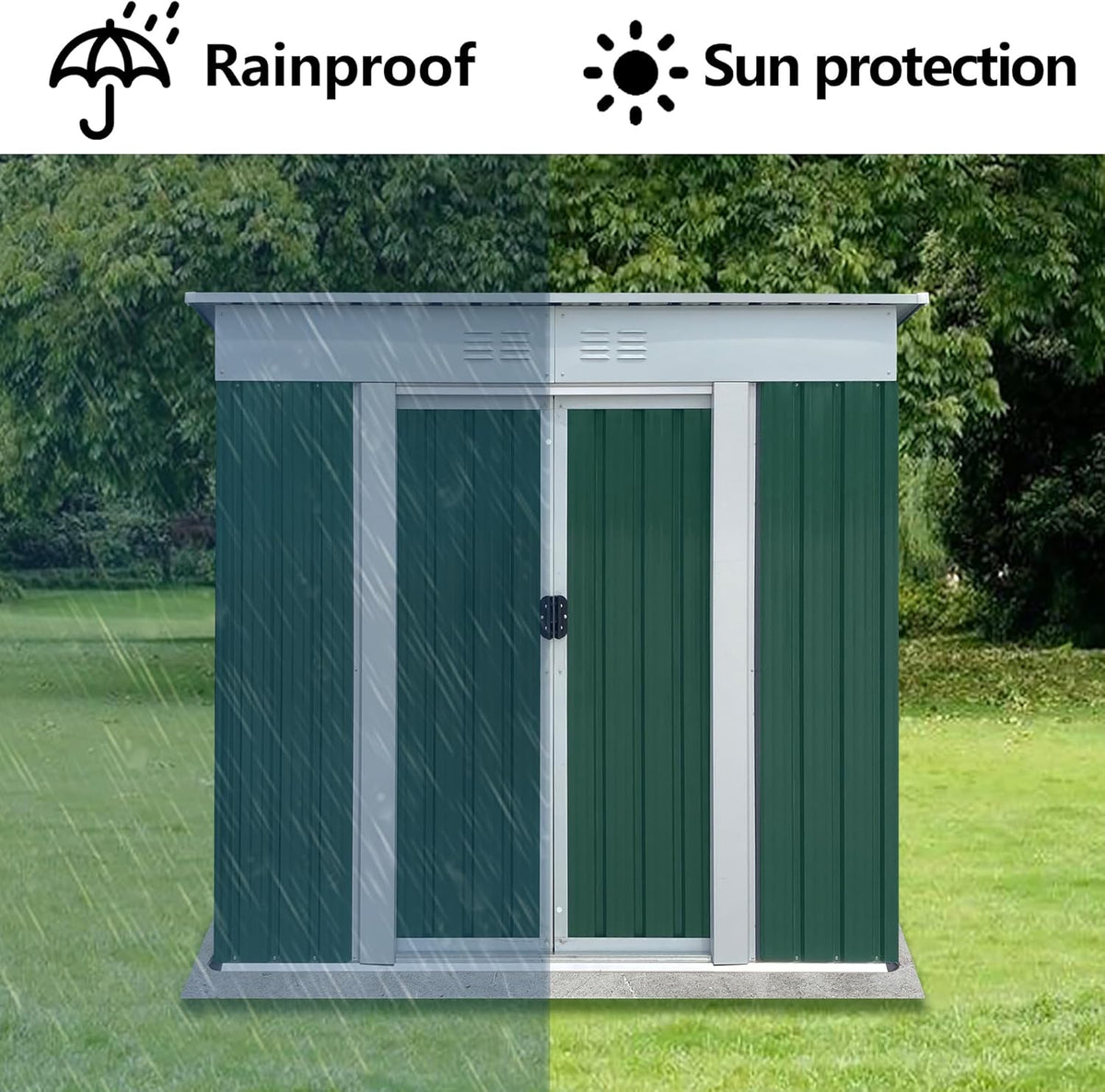6x4 FT Outdoor Storage Shed with Sloping Roof, Waterproof Metal Garden Sheds w/Lockable Sliding Doors and Vents, Weather Resistant Tool Storage House for Backyard, Patio, Lawn, Green