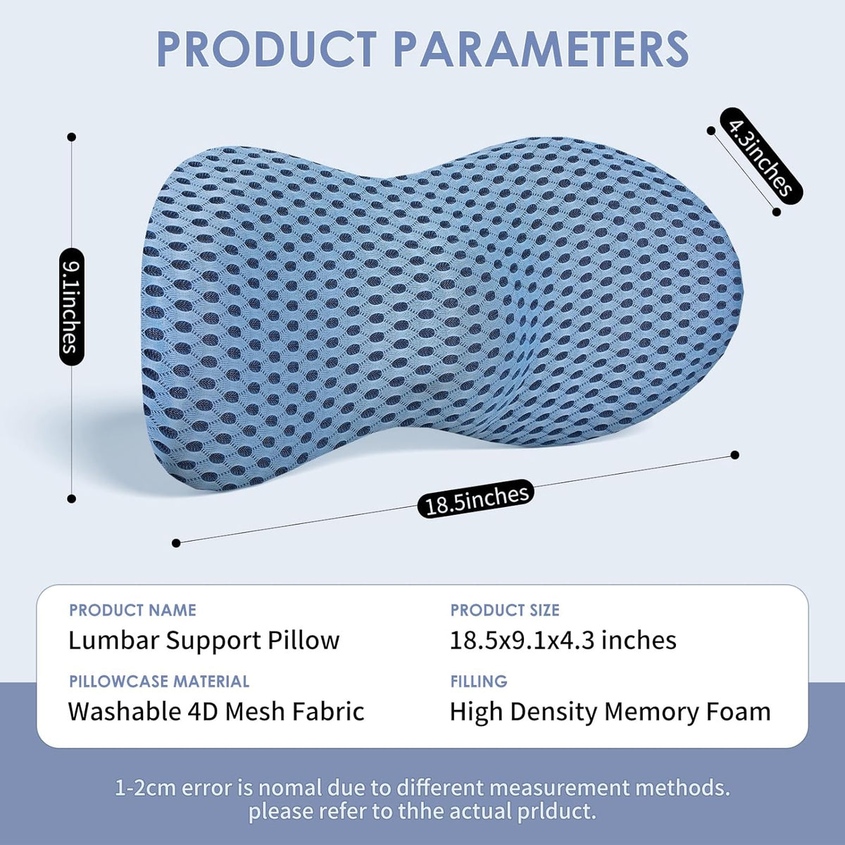 Lumbar Support Pillow Ergonomic Memory Foam, Relieve Back Pain, CMFY Breathable & Detachable & Washable, Perfect for Office Chairs, Car Seats, Beds (Blue)