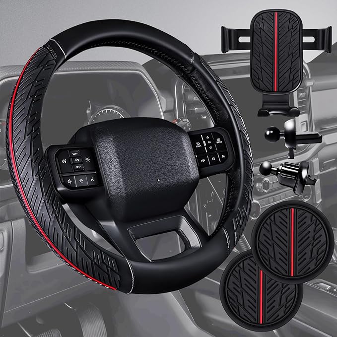 CAR PASS Leather Rubber Steering Wheel Cover Combo Set Universal Fit for Truck SUV Car Ram F150 Tundra 4Runner Tacoma Mobile Phone Holder Anti-slip Heavy Duty Tire Tread Large-size 15.5"-16" Black Red