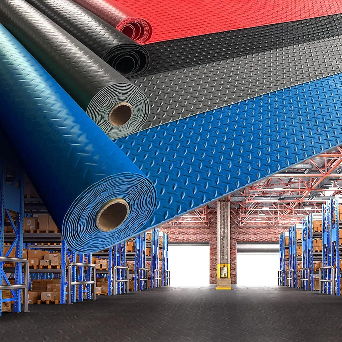 Boshen 5Ft x 17Ft Garage Floor Mat 2.5mm Thickened Rubber Flooring Roll 85sqft Diamond Plate PVC Rubber Trailer Mat Non-Slip Floor Protector Mat for Garage Warehouse Basement Trailer - Black
