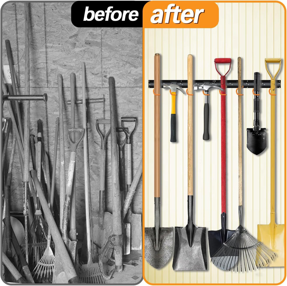 3-H 6×16" All Metal Garden Tool Organizer Wall Mount, Broom Holder Wall Mount for Garage, Shed, Garden, Basement Hanging and Organizing Rake, Mop, Shovel, Hose (6Pack)