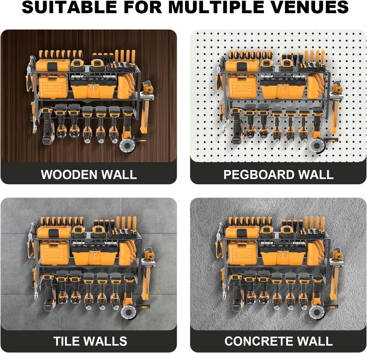 Large Power Tool Organizer Wall Mount, Power Tool Shelf System Battery Storage with 8 Cordless Drill Holder,3 Layers Heavy Duty Metal Loads 450lbs,Utility Racks for Garage Workshop