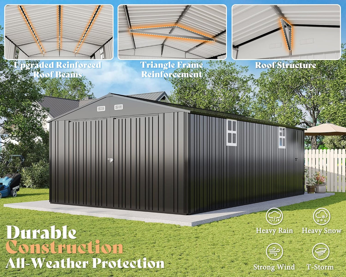 AMERLIFE 13.2x21x8.4 FT Outdoor Metal Garage Shed, Extra Large Storage Shed with Double Hinged Doors, 4 Windows, Carport for Car, Truck, Bicycle and Lawn Equipment, Dark Grey