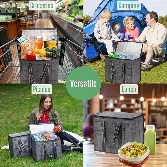 VENO 2 Pack Cooler Bag and Insulated Grocery Bags for Food Delivery, Collapsible Cooler. Reusable Shopping Bags for Groceries with Hard Bottom, Zippered, Foldable, Heavy-Duty (Windowpane, 2 Pack)