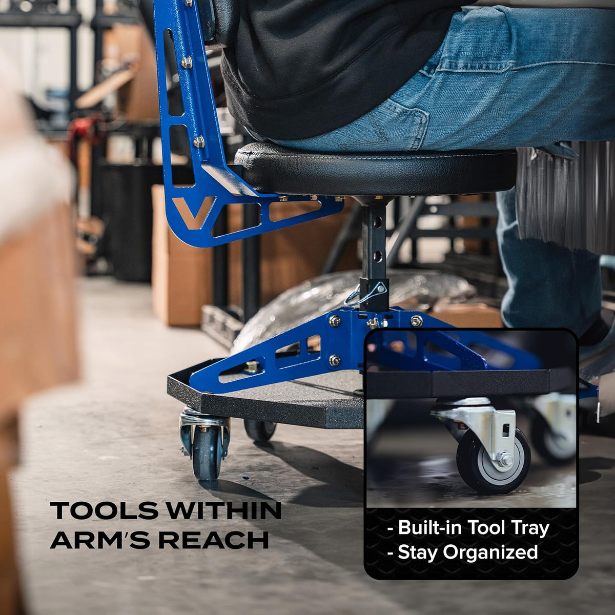 Vyper Robust Steel Sport Shop Chair for Mechanics, Automotive, DIY - 300 lb Capacity Garage Stool with Backrest & Large Wheels (Black Seat, Blue Frame)