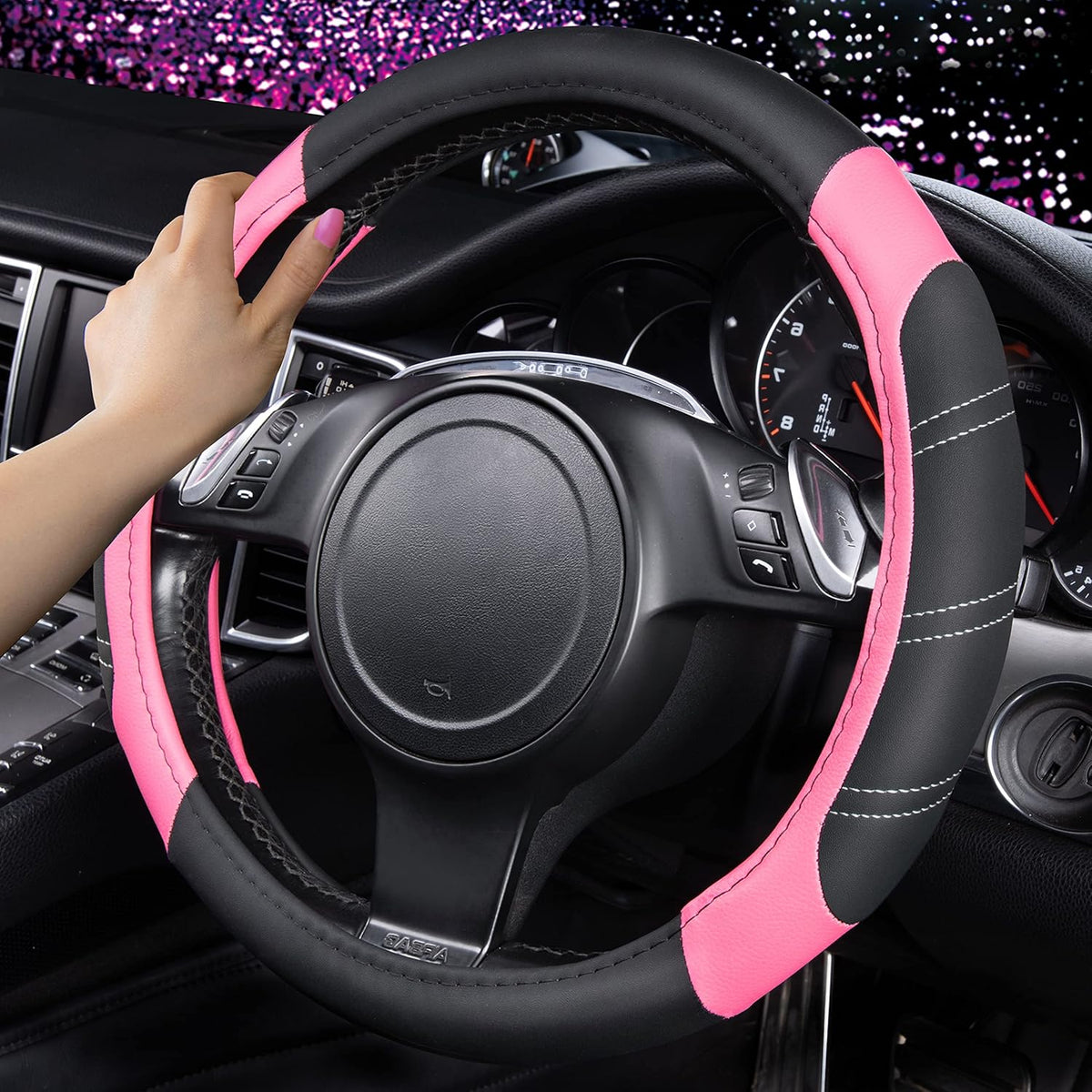 CAR PASS Line Rider Microfiber 14 Inch Leather Sporty Steering Wheel Cover Universal Fits for 95% Truck,SUV,Cars, Anti-Slip Safety Comfortable Desgin (Black Pink)