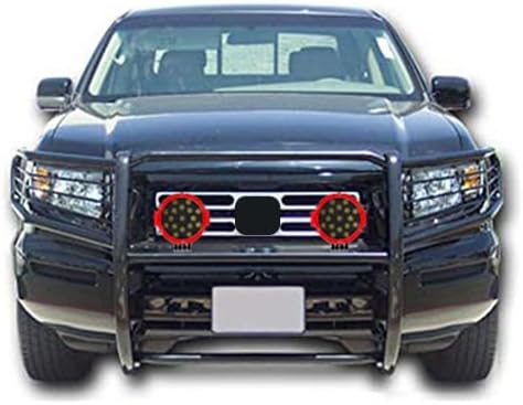 Black Horse Grille Brush Bumper Guard Modular Black Come with Pair of 7.0" Dia.LED Lights with Red Trim Rings Compatible with 2006-2014 Honda Ridgeline-17A152500A1MA-PLR