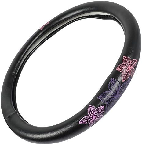 BDK GripGrab Comfort Grip - Purple & Pink Flowers Design on Black Synthetic Leather Steering Wheel Cover 15" - SW-538_AM