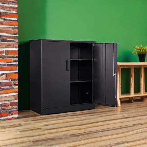 Yizosh Metal Garage Storage Cabinet with 2 Doors and 2 Adjustable Shelves - 35.5" Steel Lockable File Counter Cabinet for Home Office,Garage,Gym,School（Black）