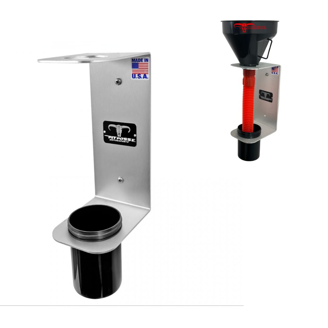Pit Posse PP3367-Kit Oil Funnel and Holder for Automotive Oil Change Large Wide Mouth Flex Flexible Spout Extension Funnel with Handle and Strainer, for Liquid, Diesel, Kerosene, Gas, Coolant