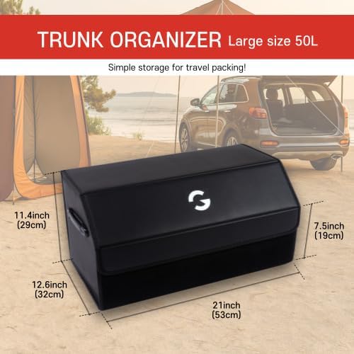 OLG Car Trunk Organizer 50L SUV Bin with (Magnetic Lid) (Faux Leather) (Collapsible Design) - (2 Dividers) (50kg Anti-Slip Hold) Waterproof Storage Box for Cars and Camping