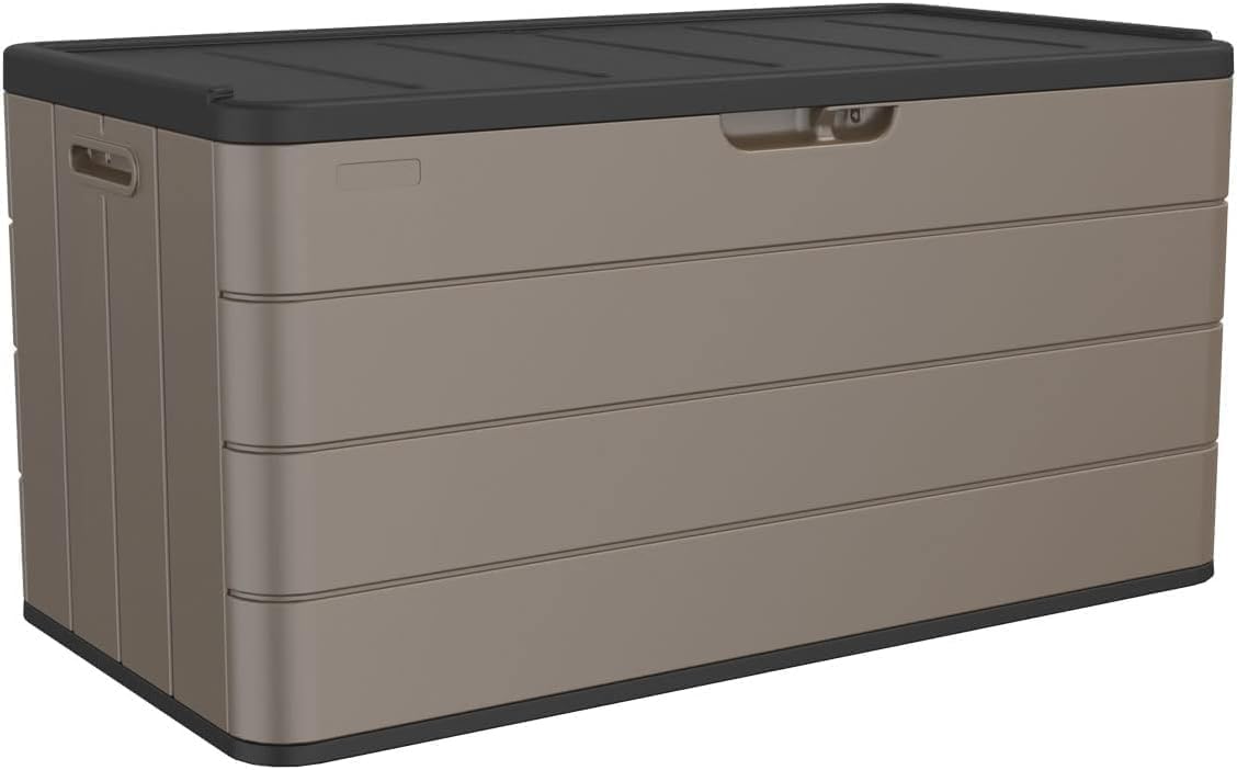 Premium Pro Edition 100 Gallon Lockable Resin Deck Box, Waterproof & UV-Resistant Outdoor Storage Box for Outdoor Cushion Storage, Garden Tools & Pool Accessories Storage, Brown