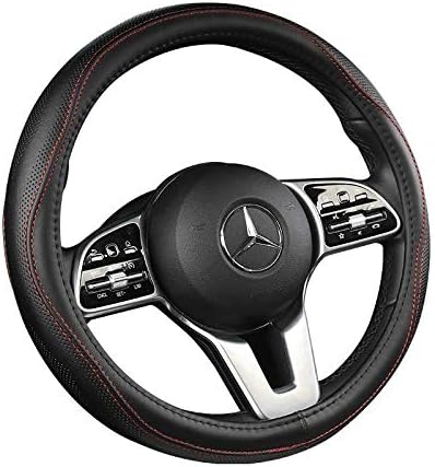 Cowhide Steering Wheel Cover Heat Resistant Anti-Slip Car Wheel Wrap Compatible with Most Makes and Models of Cars and Trucks with 14.5 to 15 Inch Steering Wheel(BlackRed)
