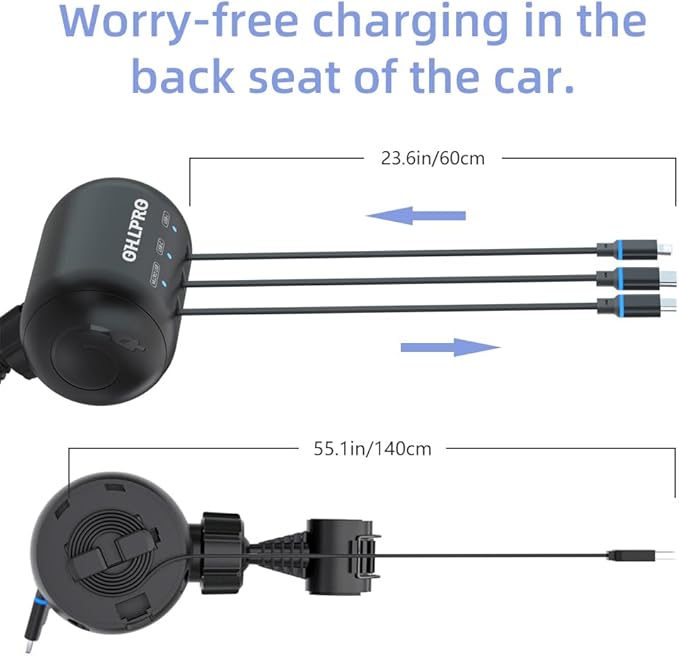 OHLPRO Multi Car Retractable Backseat 3 in 1 Car Charging Station Box Compatible with All Phones | iPhone | Samsung | Uber Taxi Lyft Turo Ride Share Customer Charging Dock Attach to Headrest