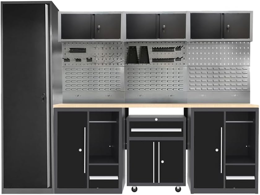 JZD Garage Workbench Set, Metal Tool Cabinet System with Overhead Storage, for Workshop Organization