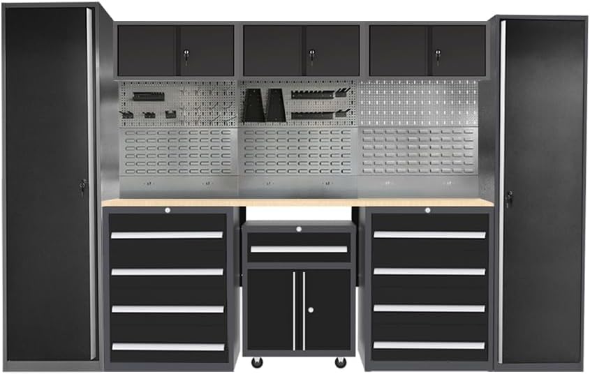 JZD Garage Storage Cabinet Set with Workbench System, Included Tool Cart, for Auto Repair Shop Basement Factory
