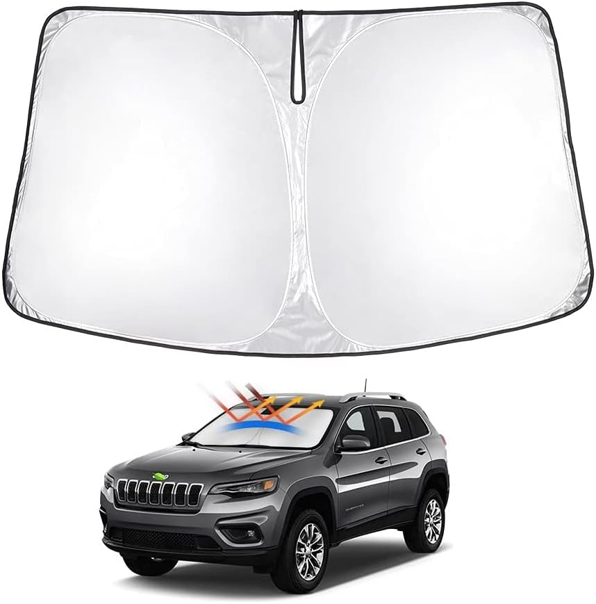 T TGBROS Windshield Sun Shade for Jeep Cherokee 2014-2023 Accessories Foldable Sun Shield Front Window Sunshade Cover Sun Visor Cover Block Heat and Sun Protection(Not for Grand Cherokee)