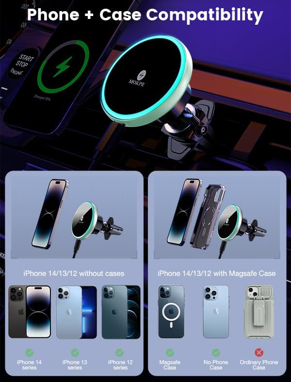 MOKPR for Magsafe Car Mount Charger-15W Wireless Car Charger-Magnetic Car Phone Holder for Dash Air Vent-LED RGB HandsFree Car Mount Fast Car Charger for iPhone 16 15/14/13/12 Series Green