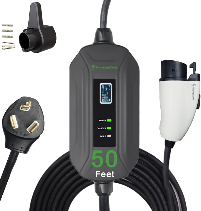 PRIMECOM Level 2 EV Charger 220/240V, 16A, 30ft & 50ft, Portable EVSE Electric Vehicle Charging Cable Compatible with Bolt Volt Leaf BMW i3 Fiat 500e Clarity NIRO Prius (10-30P, 50 Feet)