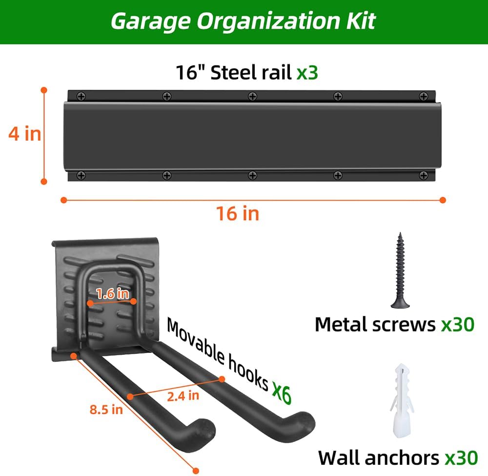 Garage Organization, Garage Wall Organizer with 48 inches Rails and 6 Hooks, Tool Organizers Heavy Duty, Shovel Holder Wall Mount Max Load 360 LBS, Sturdy Garden Tool Rack for Folding Chairs