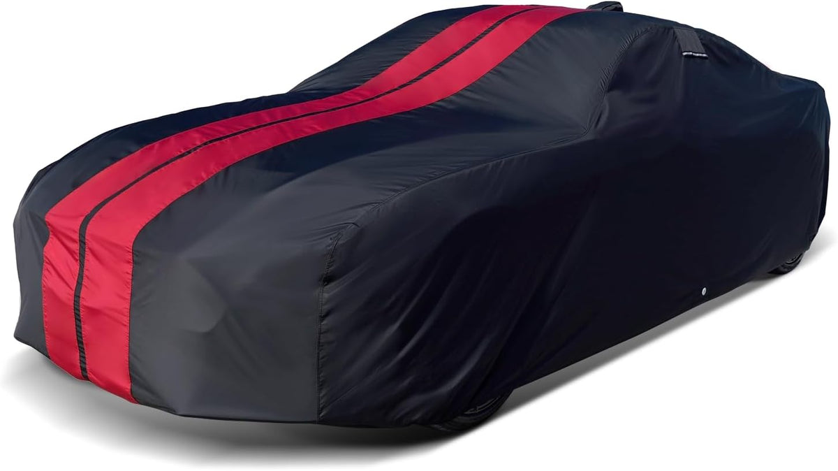 iCarCover Custom Car Cover for Pontiac Bonneville (1971-1976) Waterproof All-Weather Rain Snow UV Sun Protector Full Exterior Indoor Outdoor Car Cover (Stripe - Black/Red)