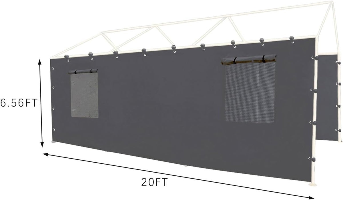 Sidewall Panel with Mesh Windows and Elastic Ball Bungees, for 10x20 FT or 12x20 FT Garage Party Tent Shelter - Gray, One Sidewall Panel Only