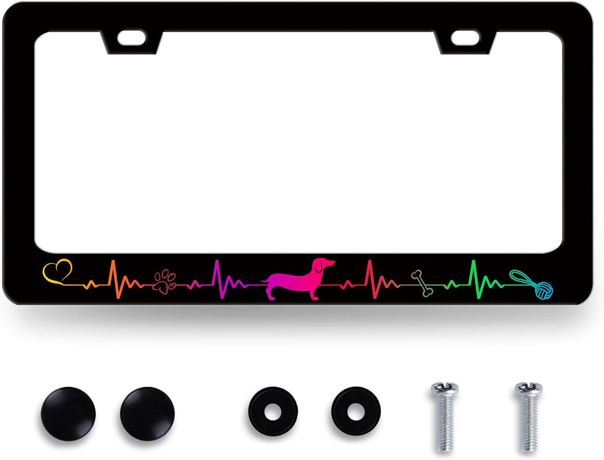 Colorful Dachshund License Plate Frame Lifeline Dogs Paws License Plate Holder Funny License Plate for Car Decoration Stainless Steel Animal Car Accessory with Screws Men Women 12.3"x 6.3"