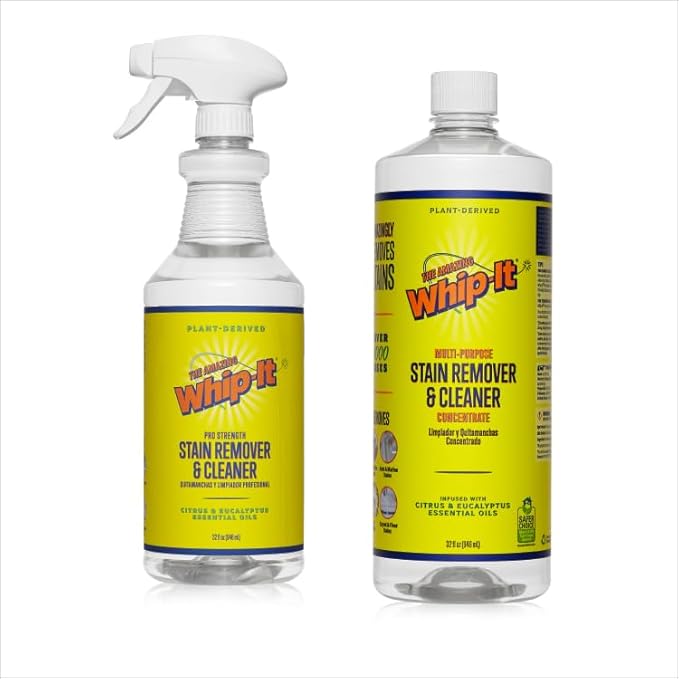 Whip-It All Natural Enzyme Cleaner Stain Fighting Kit - Professional Strength Stain Remover Spray 32oz and Concentrate Multi-Purpose Stain Remover 32oz - Made in the USA