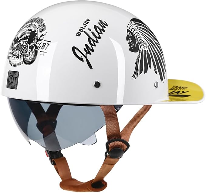 Vintage Retro Open Face Motorcycle Helmet Baseball Cap Half Helmets with pull-down Lens for Men Women Moped Cap Jet Scooter Street Cruiser - DOT Certified (Indian-White,Large)