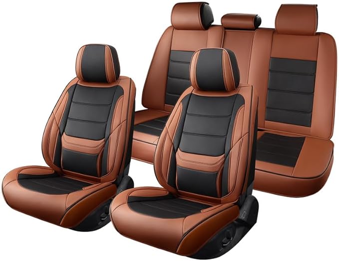 Car Seat Covers Full Set Custom Fit for Ford Maverick 2022-2026-Luxury Leather with Lumbar Support, Breathable, Waterproof, Anti-Slip, Durable, Easy to Install (BlackBrown,Full Set)