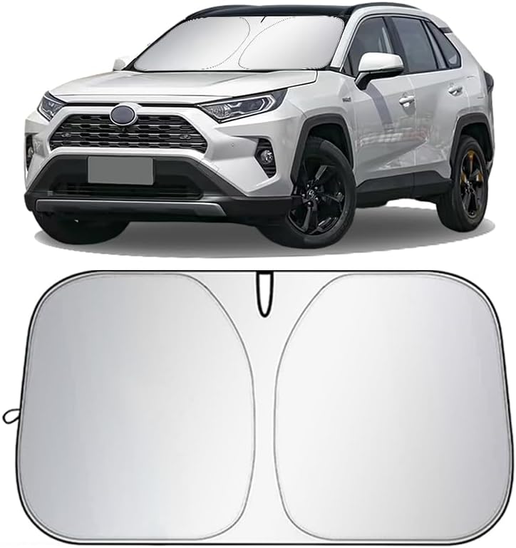 Car Windshield Sun Shade,Foldable Reflective Sun Visor,Sun Heat and UV Rays Blocker,210T Coated Silver Cloth Reflective Polyester