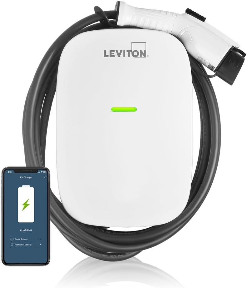 Leviton Level 2 Smart EV Charger with Wi-Fi, 48 Amp, 208/240 VAC, 11.6 kW Output, 18' Cable, Indoor/Outdoor Hardwired EV Charging Station, My Leviton Compatibility, EV48W EVSE