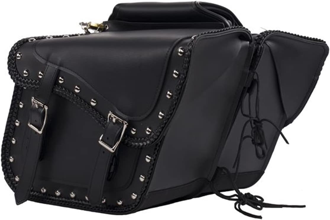 Synthetic Leather Motorcycle Luggage Bag - Waterproof Throw Over Saddlebags For Motorcycles - Softails, Sportsters, Choppers, Dyna, V-star, Shadow (With Studs, Black, 13'x13'x10')