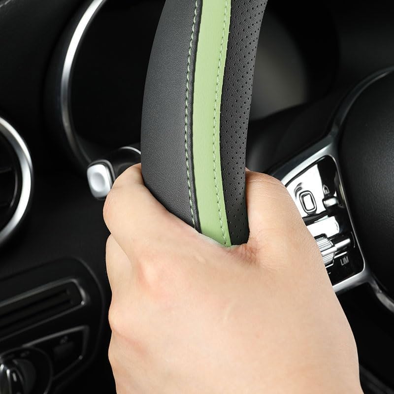 Car Steering Wheel Cover, Leather Steering Wheel Cover Green Universal 14.5-15 Inch Microfiber Leather Anti-Slip Breathable Auto Steering Wheel Covers for Men Women (Black&Green)