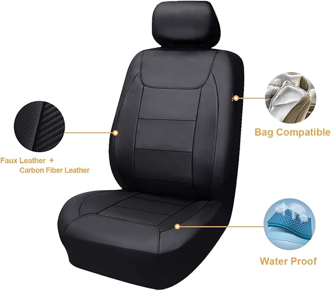 Flying Banner car seat Covers Protects Water Proof Faux Leather Carbon Fiber Front and Rear Bench (Black Black, Full Set - 9PCS)