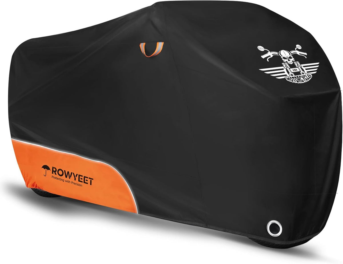 Motorcycle Cover Waterproof Outdoor Storage with Lock-Holes, Storage Bag & Night Reflective Design, All Season Protection Powersports Vehicle Covers Fits up to 116" Motorcycles