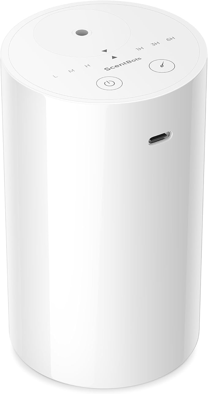 Waterless Essential Oil Diffuser, Battery Operated Aromatherapy Diffuser with 20mL Capacity, Mini Portable Scent Air Machine, 3 Countdown Timers & Mist Levels for Home Room Car Office, ANZ White